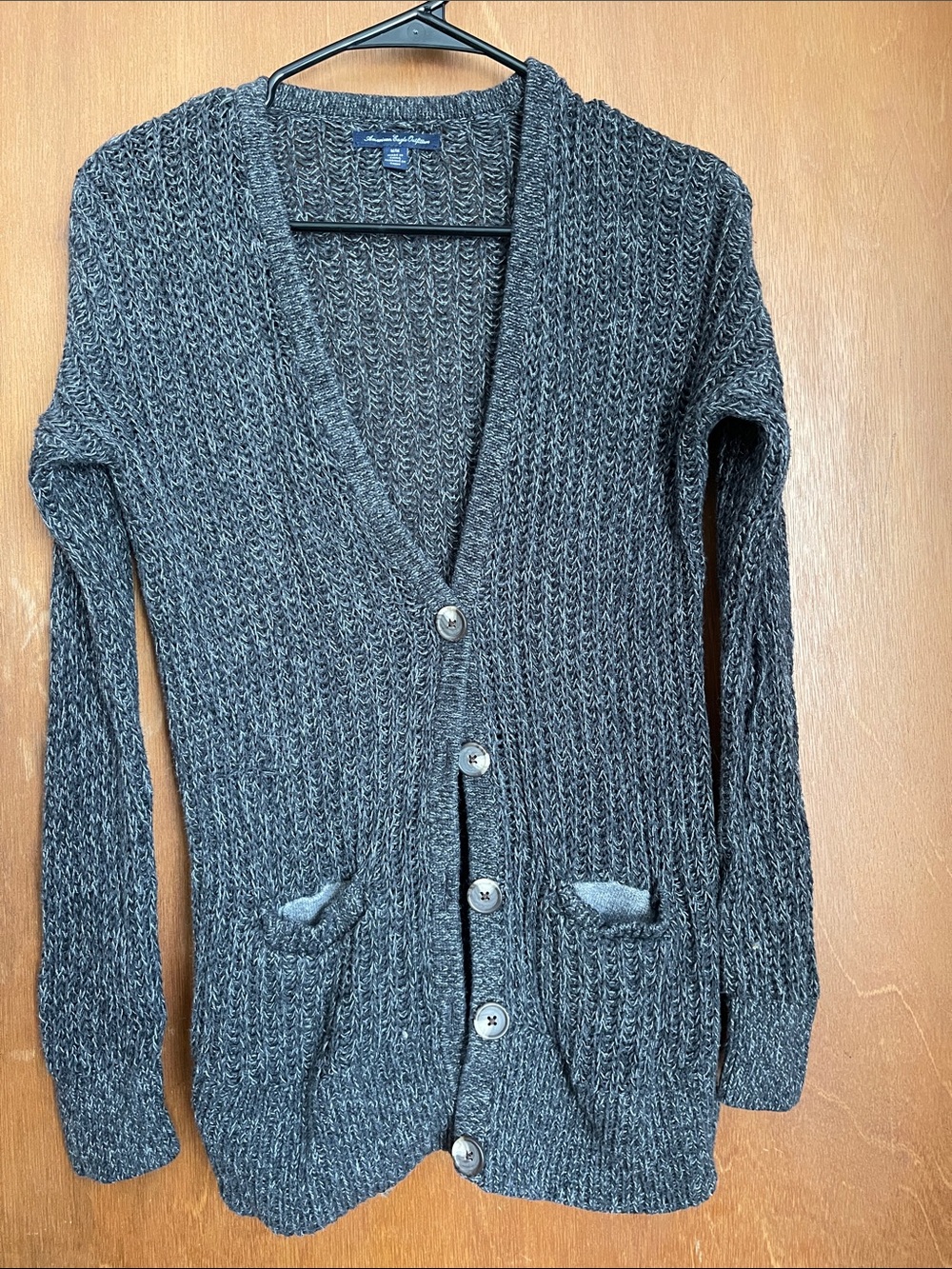 American Eagle Outfitters Dark Gray Ribbed Button-Front Cardigan
